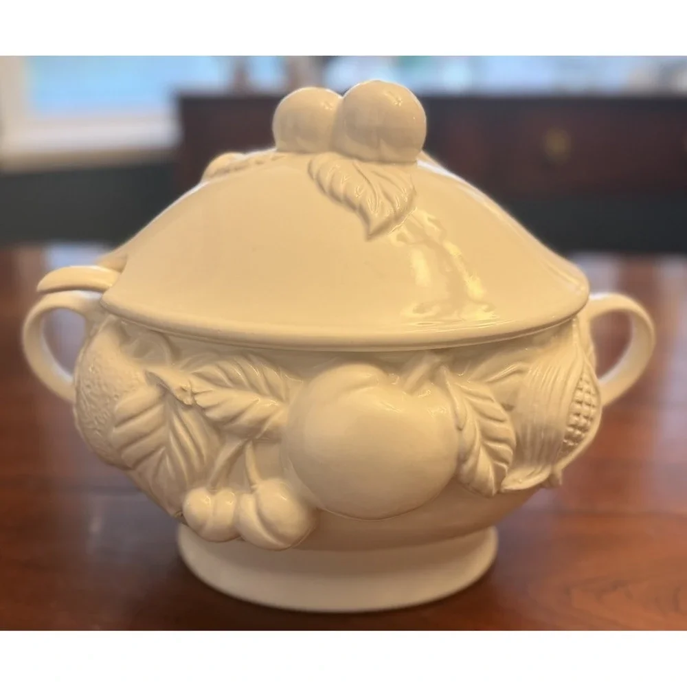 Vintage White Ceramic Soup Tureen 3 Piece Set Lid Ladle Embossed Fruit Japan